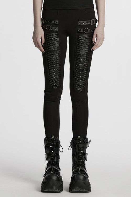 Black Buckle Straps Pleated Women's Punk Leggings