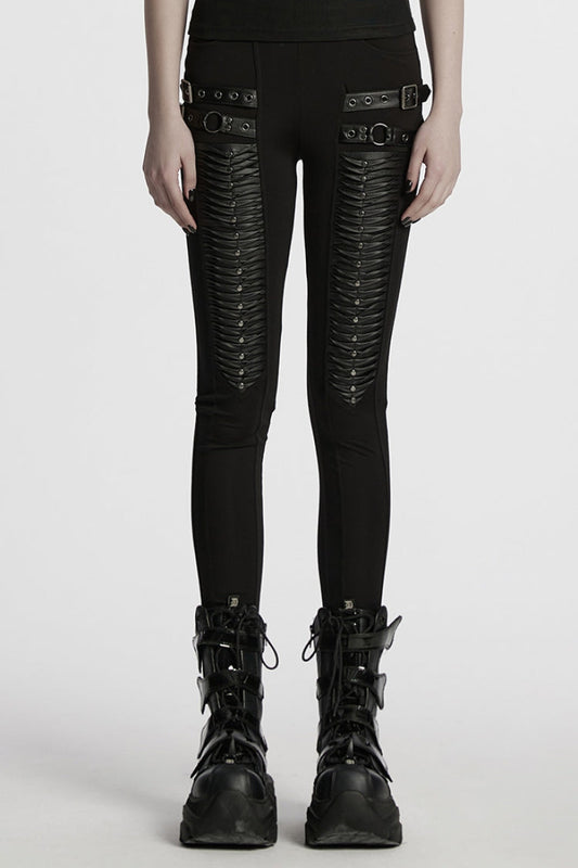 Black Buckle Straps Pleated Women's Punk Leggings