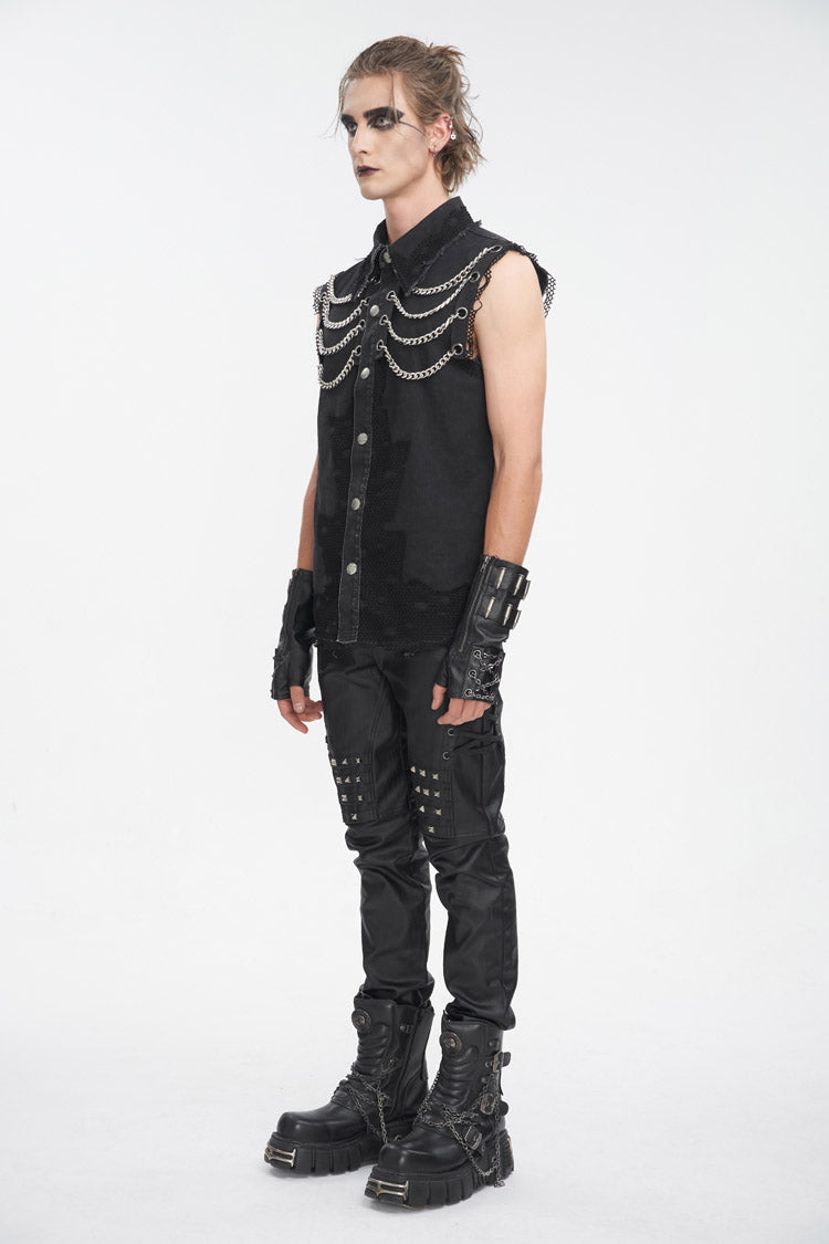 Black Lapel Collar Sleeveless Slim Men's Punk Vest