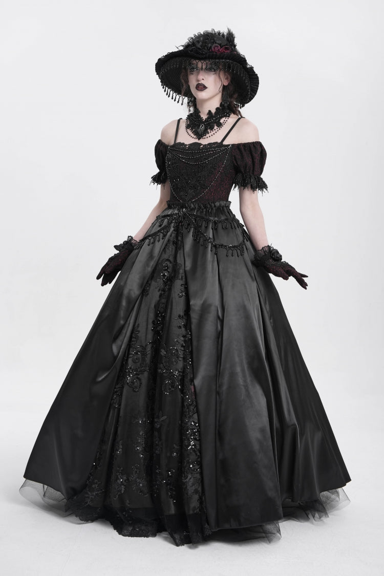 Black Off Shoulder Short Sleeves Jacquard Cardigan Stitching Lace Women's Gothic Dress