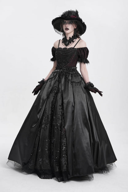 Black Off Shoulder Short Sleeves Jacquard Cardigan Stitching Lace Women's Gothic Dress