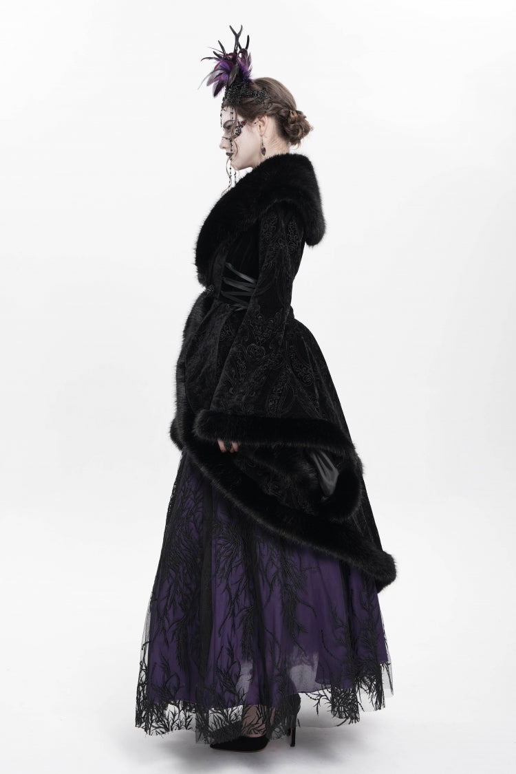 Black Long Sleeves Floral Embroidery Women's Gothic Fluffy Coat