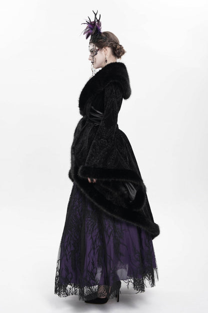 Black Long Sleeves Floral Embroidery Women's Gothic Fluffy Coat