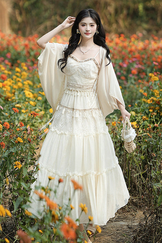 Apricot Bohemian Style Sleeveless Ruffled Embroidered Sweet Lolita Skirt Set