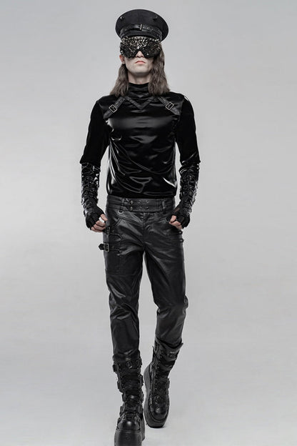 Black High Collar Long Sleeves Imitation Shark Skin Stitching Men's Gothic T-Shirt