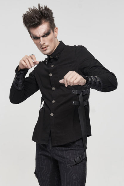 Black Nylon Strap Metal Buckle Decoration Long Sleeve Elasticity Men's Punk Shirt