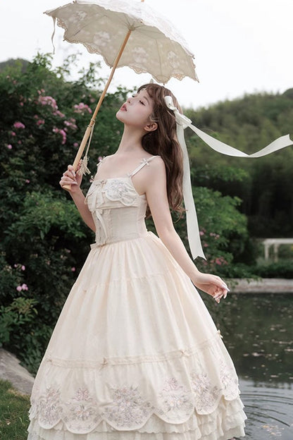 Apricot [Fantasy Butterfly] Triple-Layered Ruffle Embroidery Bowknot Lace Sweet Princess Lolita Jsk Dress