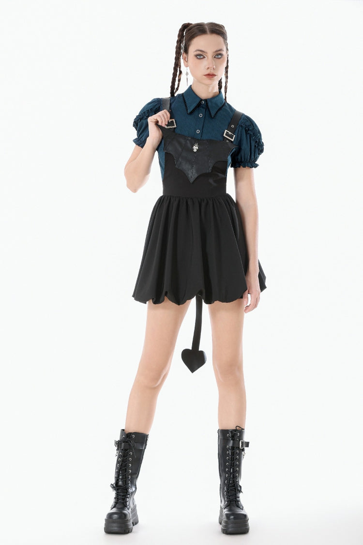 Black Bat Wing Buckled Women's Gothic Suspender Dress Graduation Dress with Tail