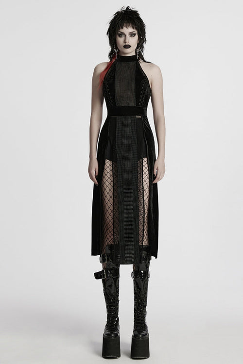 Black Halterneck Sleeveless Stitching Mesh Women's Gothic Dress