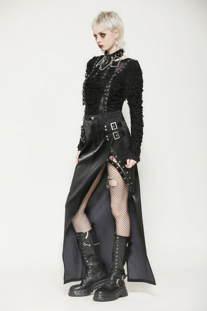 Black Leather Women's Punk Buckled Side Slit Irregular Hem Skirt