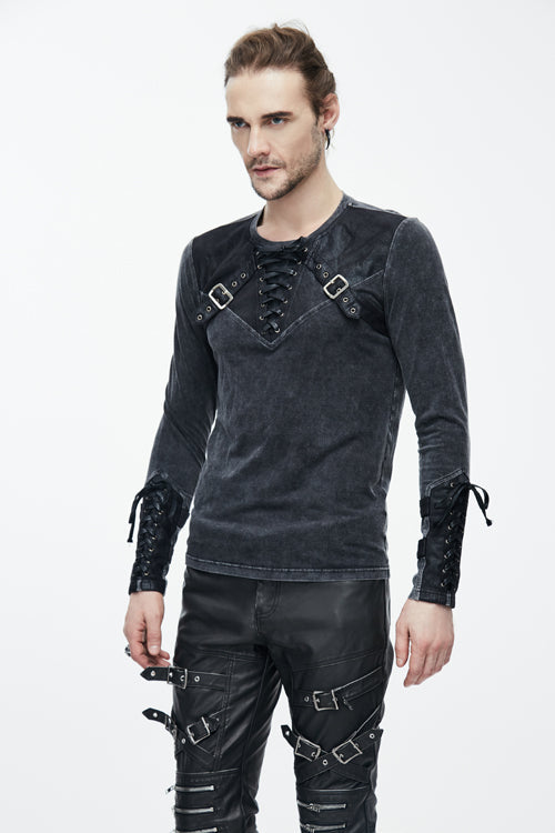 Black Faded Long Sleeves Lace Up Mens Punk T-Shirt