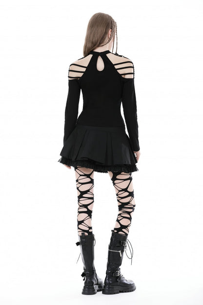 Black Off Shoulder Long Sleeves Cut-Out Buckled Women's Punk Blouse