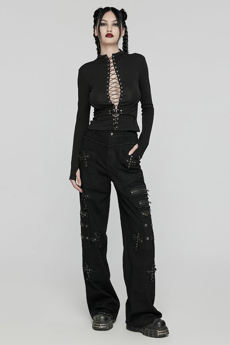 Black Long Sleeves Stitching Lace-Up Mesh Women's Punk Blouse