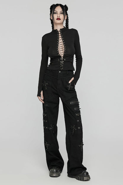Black Long Sleeves Stitching Lace-Up Mesh Women's Punk Blouse