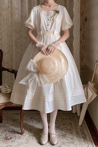 Apricot [Random Thoughts] Square Collar Short Sleeves Ruffle Classic Vintage Elegant Lolita Dress