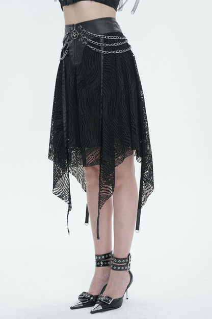 Black Irregular Half Hollow Knit Metal Chain Decorated Women's Punk Skirt