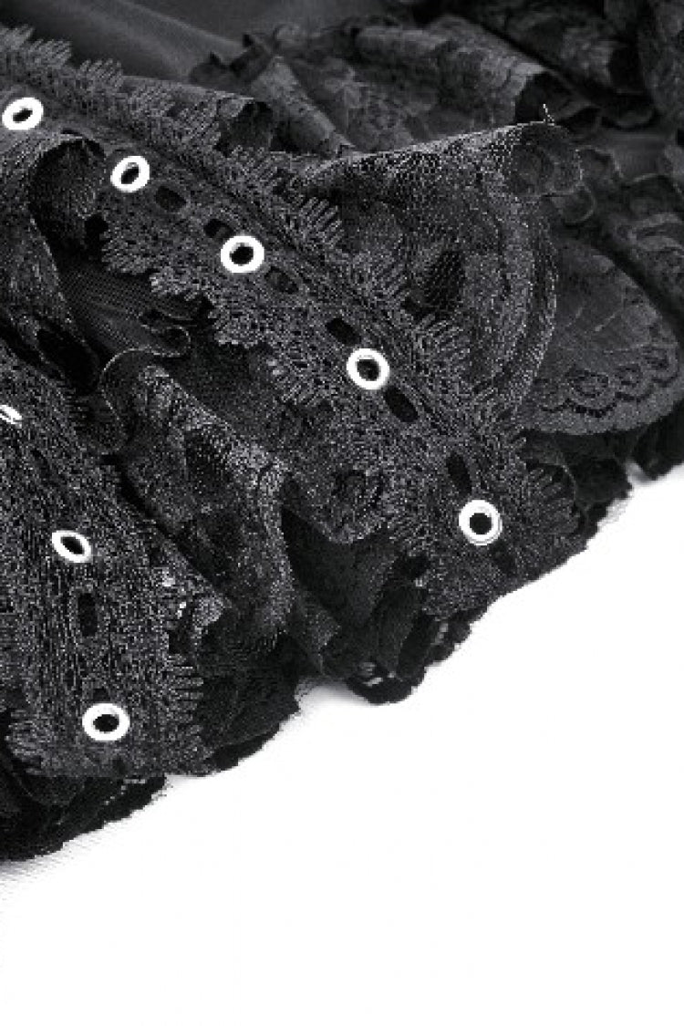Black Layered Lace Mesh Lace-Up Zippered Women's Punk Mini Skirt