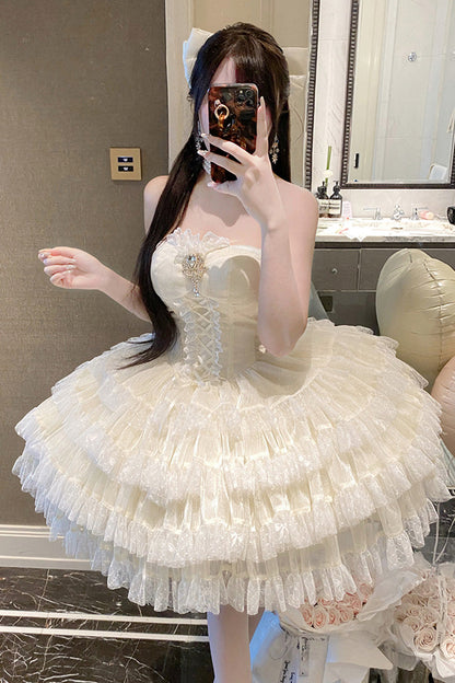 Beige [Heartbeat at First Sight] Off Shoulder Sleeveless Multi-Layered Ruffle Bowknot Lace Lace-Up Sweet Princess Gorgeous Lolita Dress
