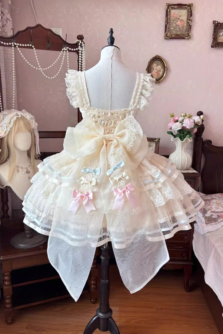 Apricot [Butterfly Heart Ballet] Triple-Layered Ruffle Bowknot Lace Sweet Ballet Lolita Jsk Dress