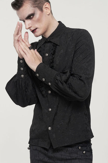 Black Gothic Metal Pattern Buckle Long Sleeve Pleated Lace Lantern Shape Printing Pattern Men's Shirt