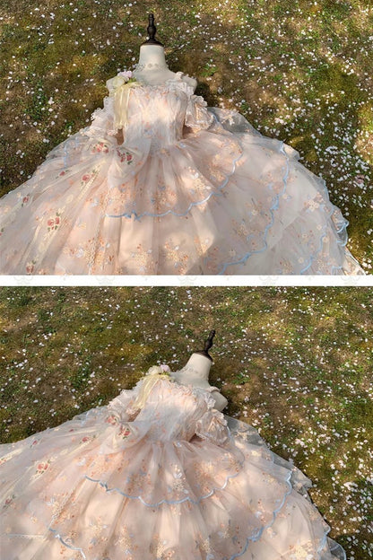 Apricot [Diana's Flowers] Sleeveless Multi-Layered Ruffle Hanayome Bowknot Lace Sweet Gorgeous Lolita Jsk Dress
