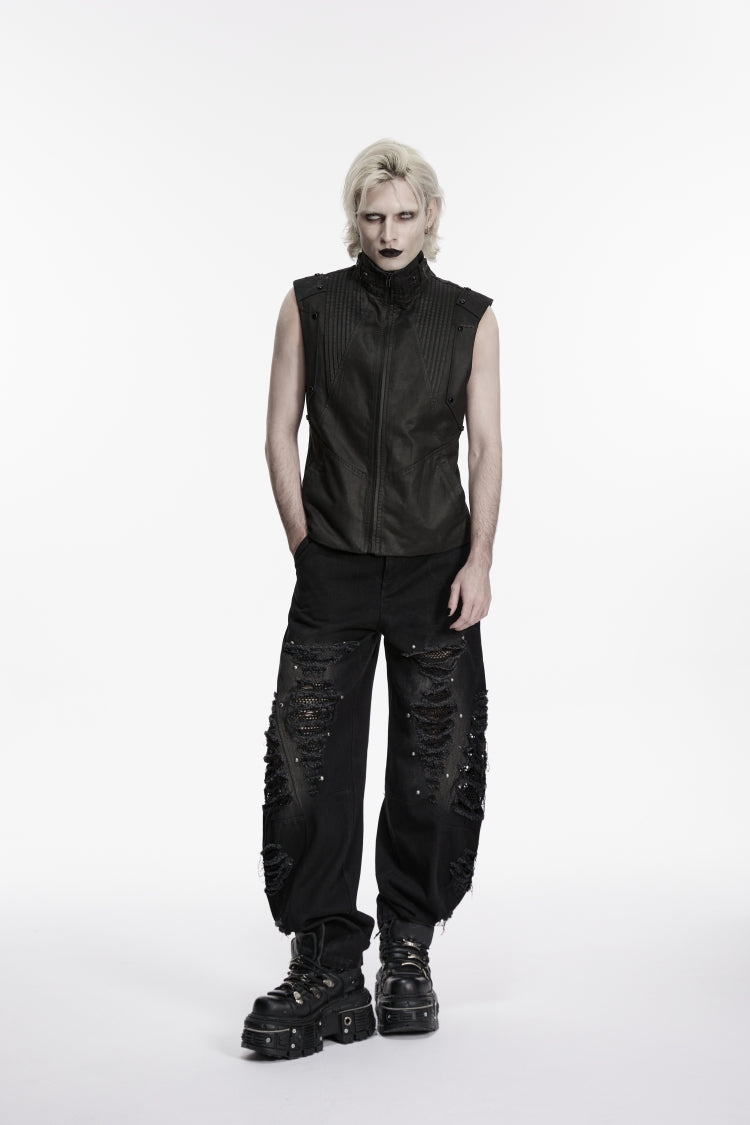 Black Irregular Mesh Ripped Studded Zippered Eyelet Men's Punk Handsome Cool Pants
