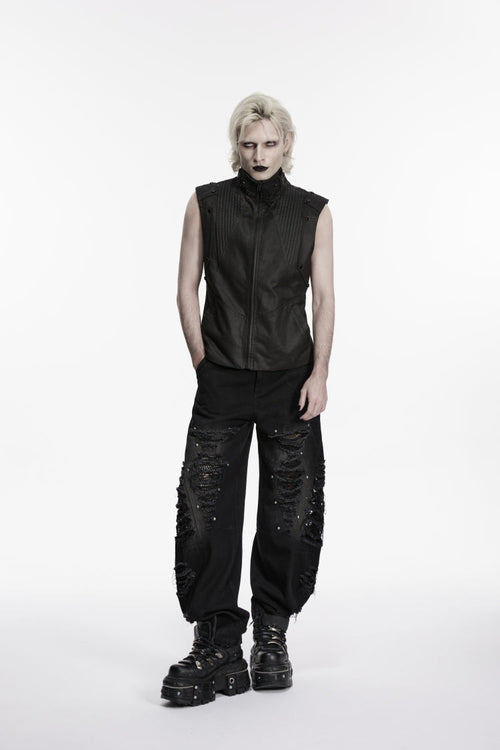 Black Irregular Mesh Ripped Studded Zippered Eyelet Men's Punk Handsome Cool Pants