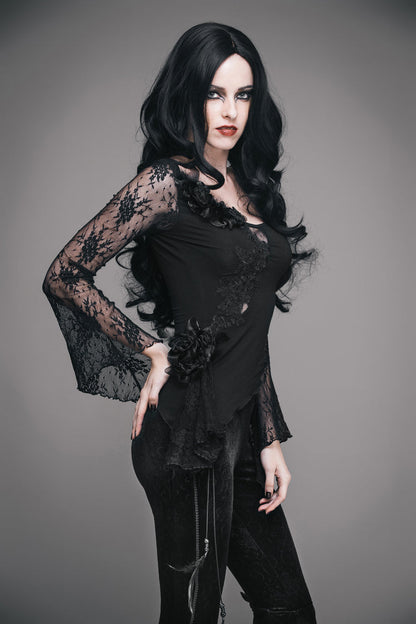 Black Front Chest Rose Decoration Flare Sleeve Irregular Lace Hem Knit Women's Gothic T-Shirt