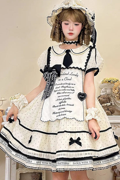 Beige [William Wordsworth’s Lyric Poetry] Doll Collar Polka Dots Printed Lace Sweet Princess Lolita Dress
