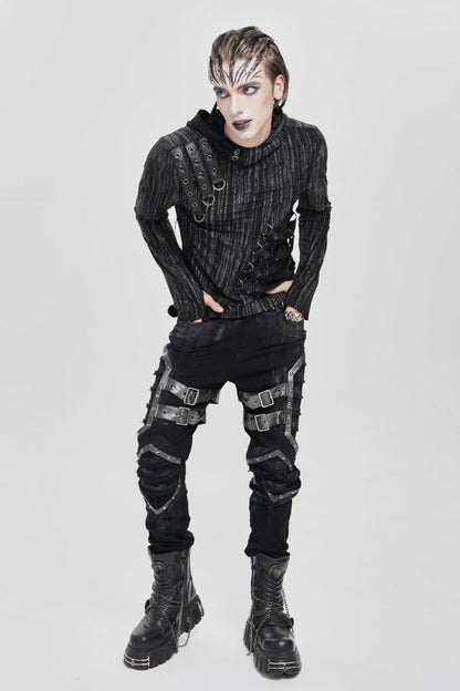 Black Long Sleeves Irregular Hooded Straps Eyelet Men's Punk Blouse