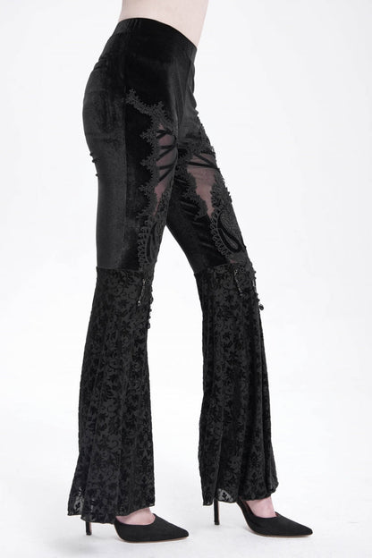 Black Hollow Floral Embroidery Women's Gothic Flared Pants