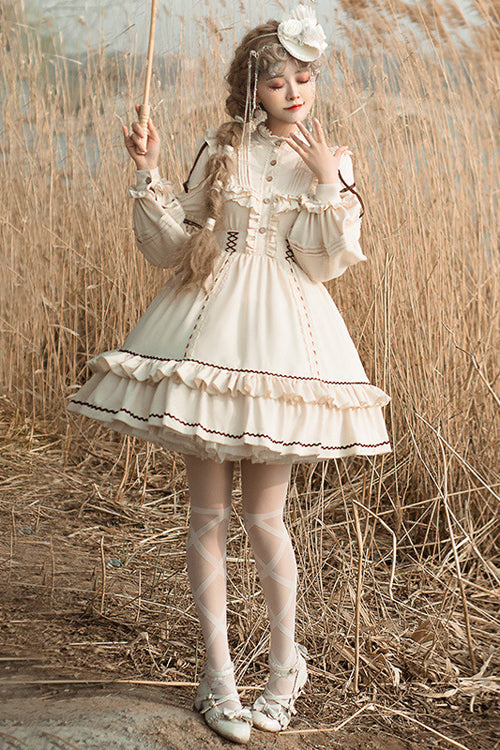 Beige Lantern Sleeves Multi-Layer Ruffled Removable Sweet Lolita OP Tiered Dress