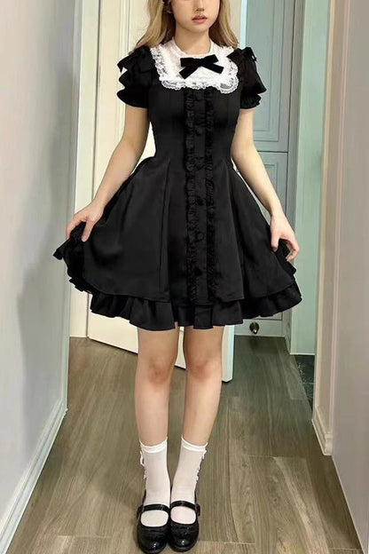 Black Annie's Gift Short Sleeves Bowknot Short Version Sweet Lolita Dress (Plus Size Support)