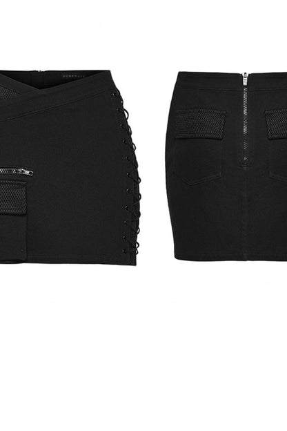 Black Lace-Up Slim Asymmetric Zippered Eyelet Women's Punk Handsome Skirt