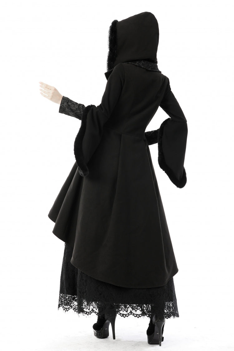 Black Lapel Collar Long Sleeves Women's Gothic High Low Woolen Dovetail Coat with Hood