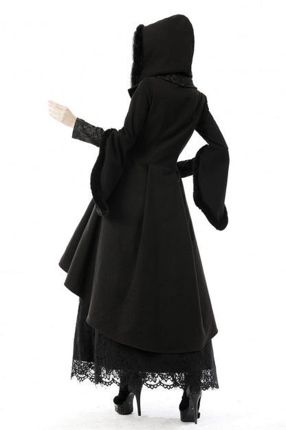 Black Lapel Collar Long Sleeves Women's Gothic High Low Woolen Dovetail Coat with Hood