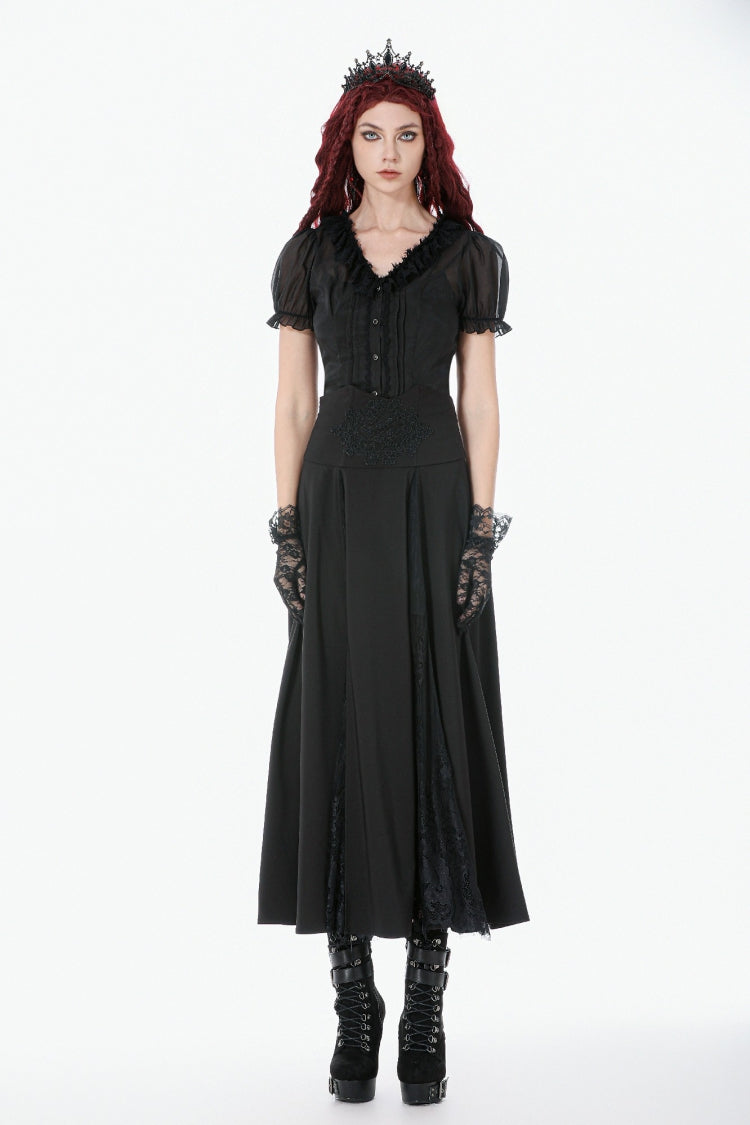 Black High Waisted Floral Printed Lace Mesh Women's Gothic Elegant Long Skirt