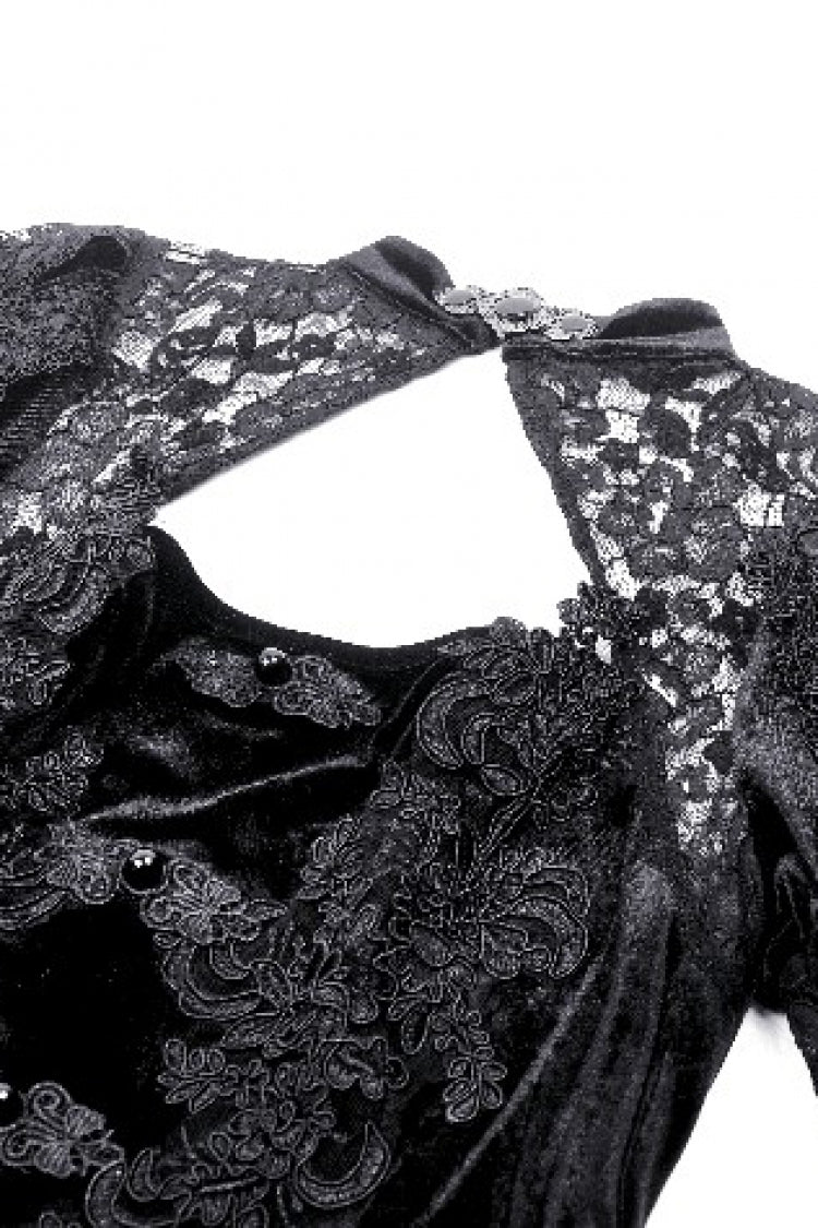 Black Long Puff Sleeves Cut-Out Lace Spliced Velvet Lace-Up Women's Gothic Princess Evening Dress