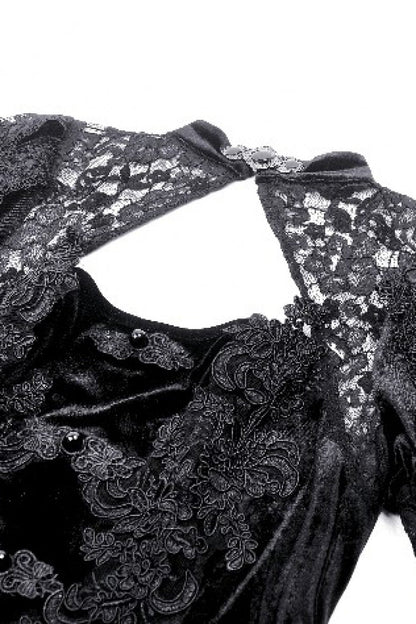 Black Long Puff Sleeves Cut-Out Lace Spliced Velvet Lace-Up Women's Gothic Princess Evening Dress