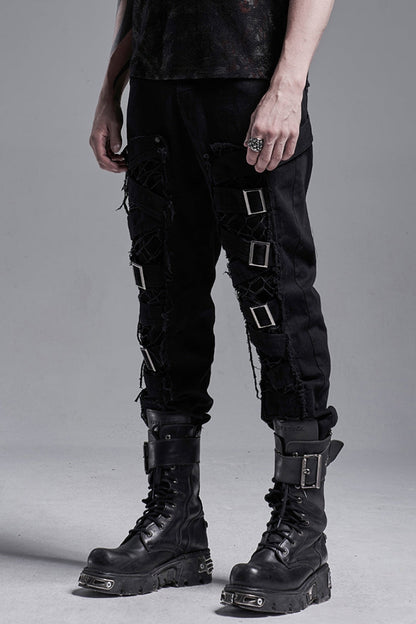 Black Metal Buckle Bandage Hollow Stitching Irregular Ripped Men's Gothic Pants