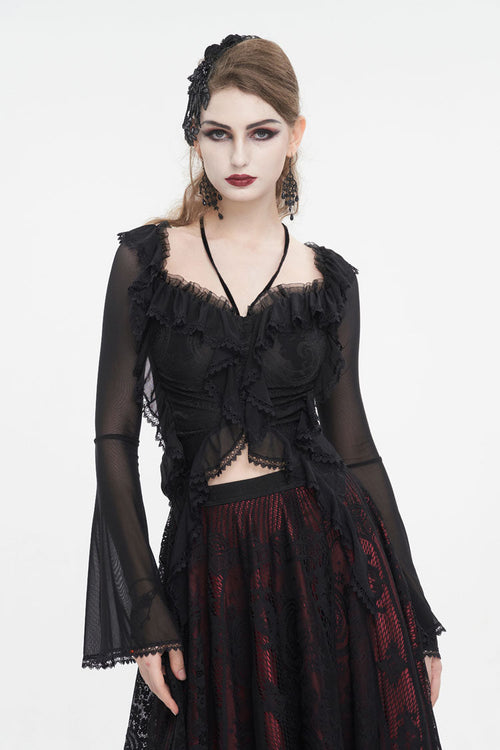 Black Lace Up Ruffled Trumpet Sleeves Mesh Women's Gothic Shirt