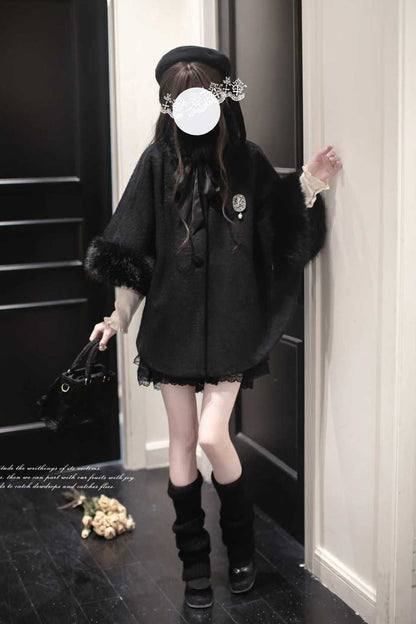 Black Long Sleeves Lace Gothic Japanese Lolita Fluffy Cloak Coat