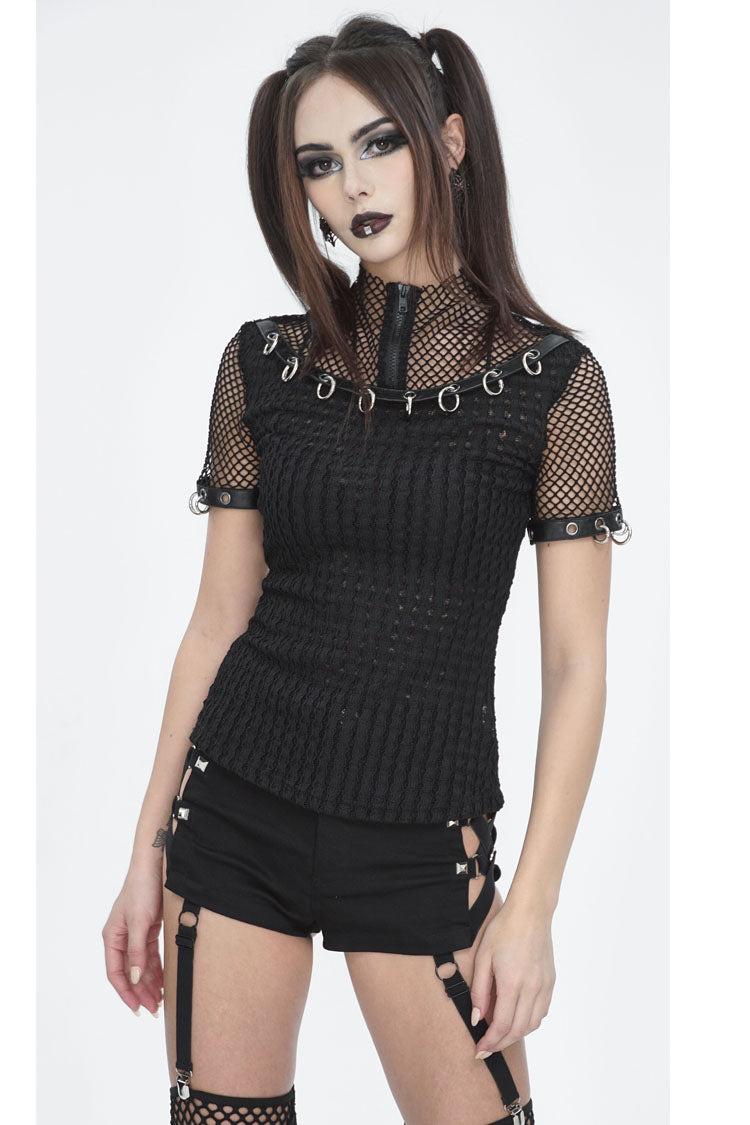 Black Mesh Rings Short Sleeved Womens Punk Top