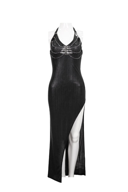 Black Chest Cutout Chain Halter Neck Lace High Slit Long Women's Punk Dress