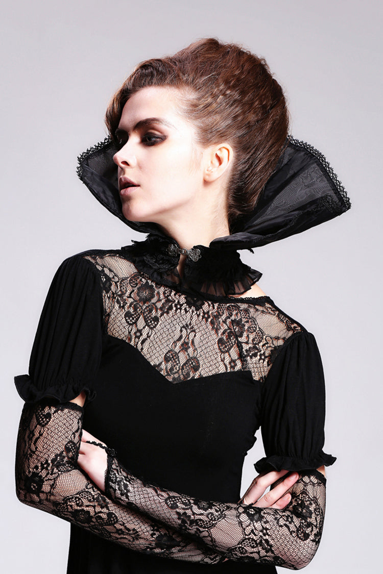 Black Organza Lace Velveteen Women's Gothic Stand Up Collar