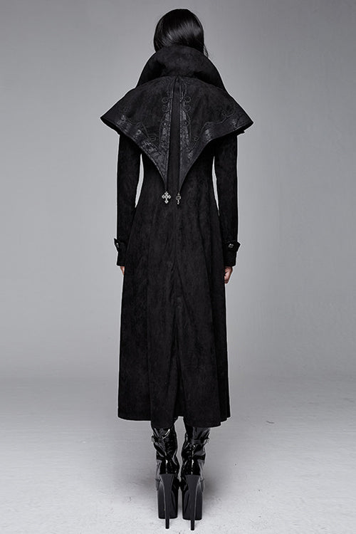 Black Hand Embroidered Big Shawl Collar Zipper Up Long Womens Gothic Coat