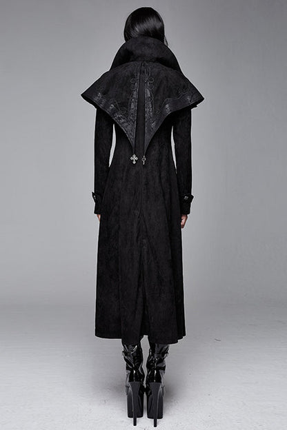 Black Hand Embroidered Big Shawl Collar Zipper Up Long Womens Gothic Coat