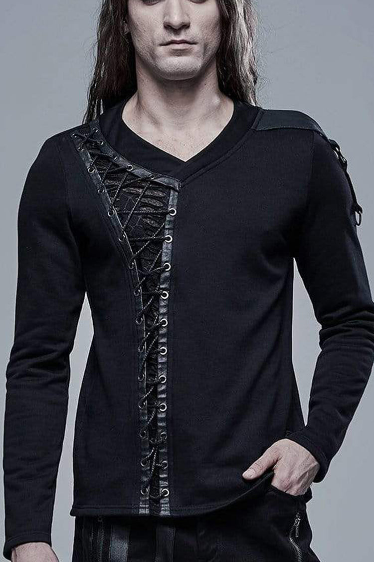 Black Long Sleeve Knit Front Splice Imitation Leather Lace Up Men's Punk T-Shirt