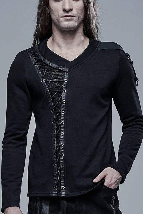 Black Long Sleeve Knit Front Splice Imitation Leather Lace Up Men's Punk T-Shirt
