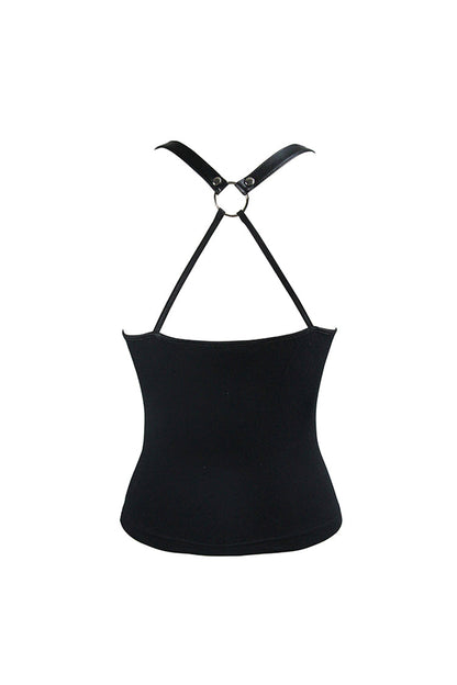 Black Chest Inverted Pentagram Chain Backless Metal Ring Leathrt Straps Women's Punk Vest